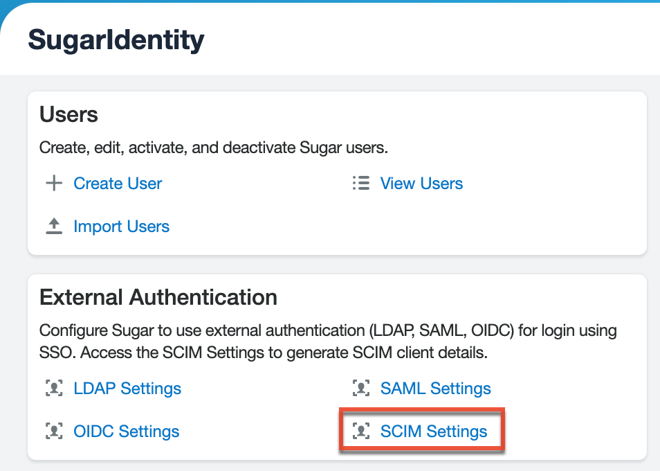 SugarIdentity_Home_ExternalAuthentication_SCIMSettings