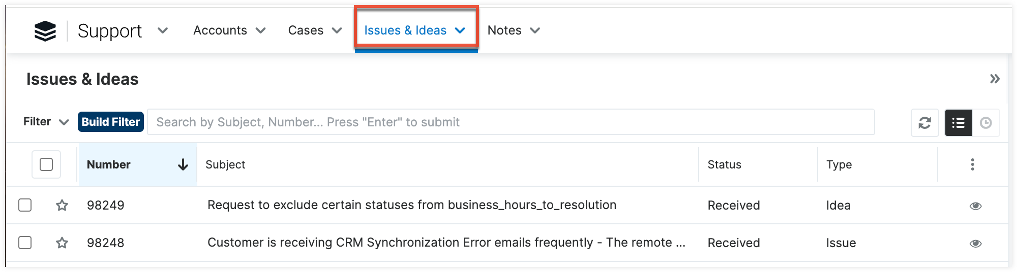 CasePortal_IssuesIdeas_ListView