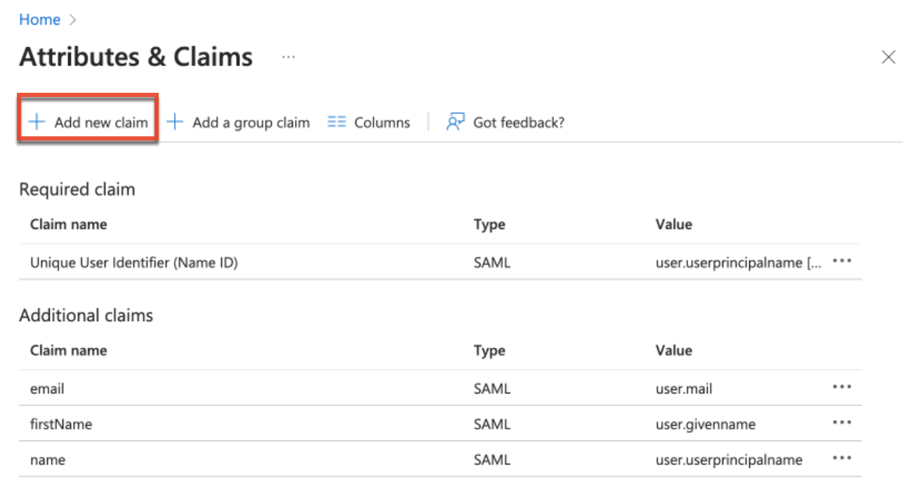 SugarIdentitySAMLAttributeMapping AzureAttribute AddNewClaim
