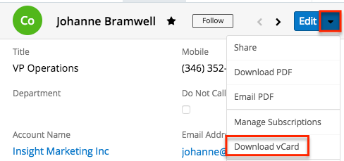Contacts RV ActionsMenu DownloadvCard