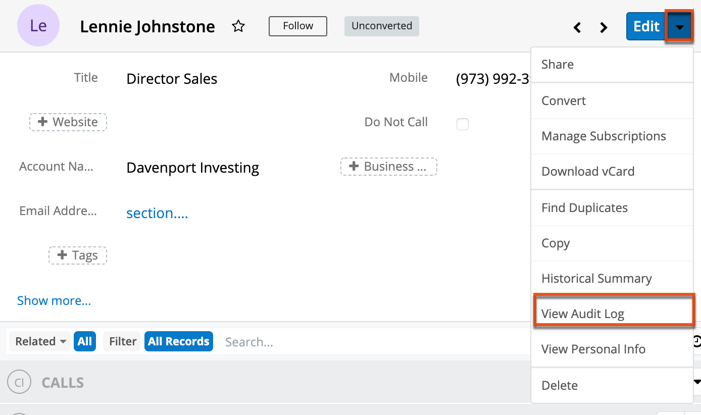 UI RecordView ActionsMenu ViewChangeLog