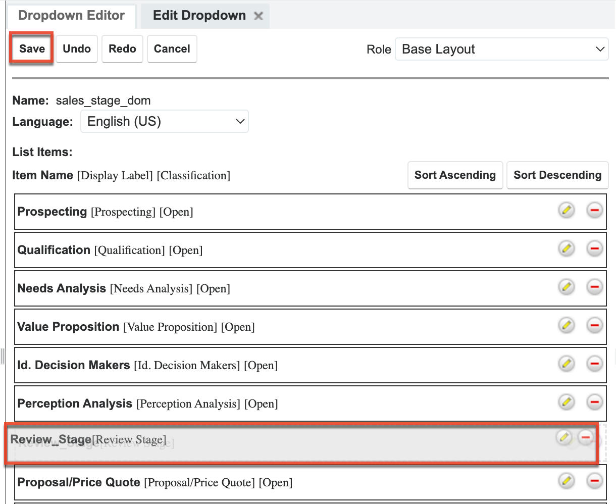 Sales Stage Dom AddReviewStage Save