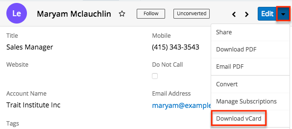 Leads RV ActionsMenu DownloadvCard