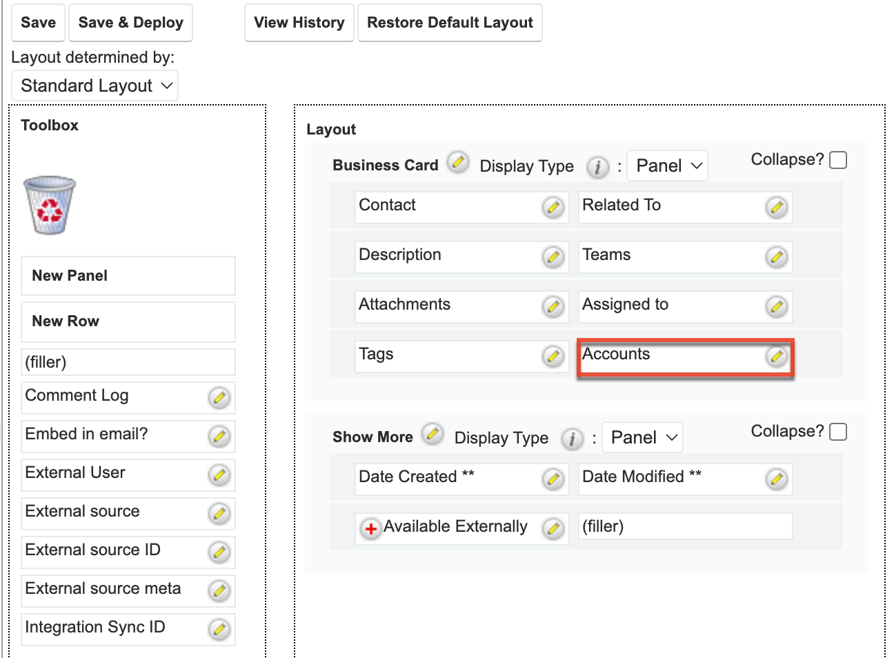 Accounts field added to record view