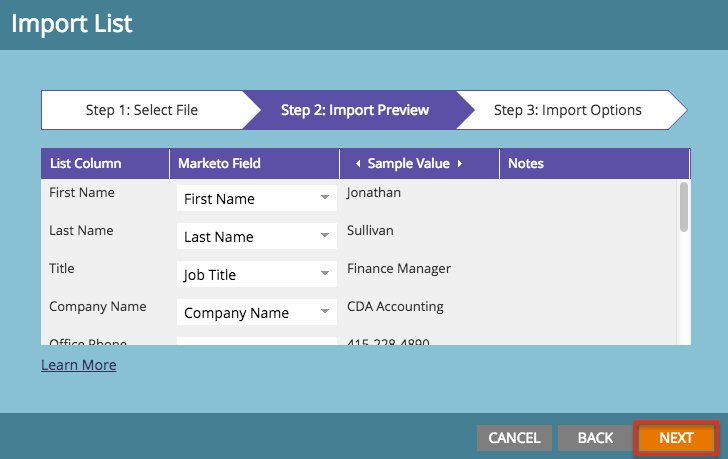 Marketo ImportList ImportPreview