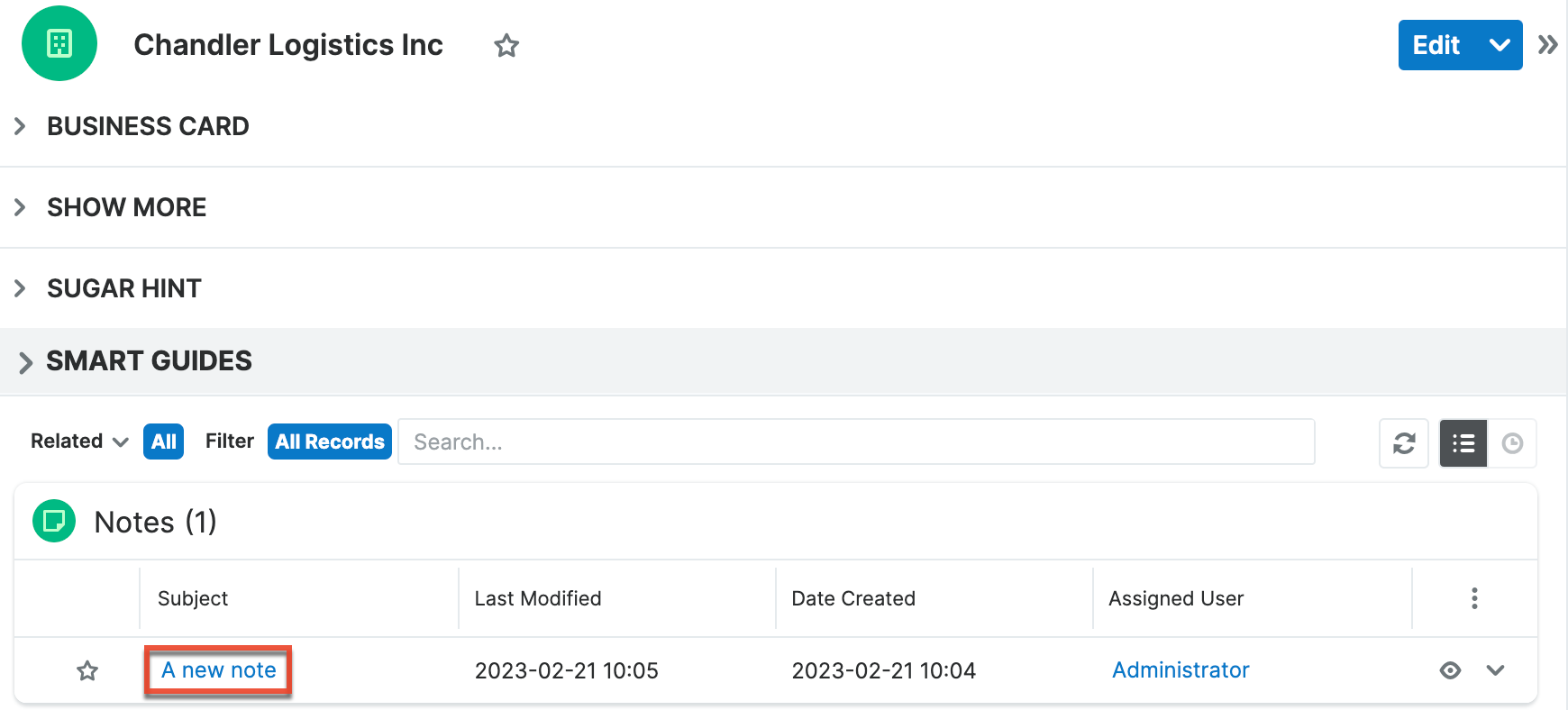 Note on an account subpanel