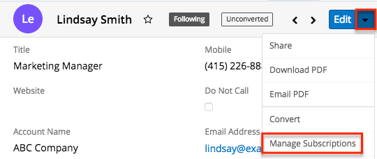 Leads RV ActionsMenu ManageSubscriptions