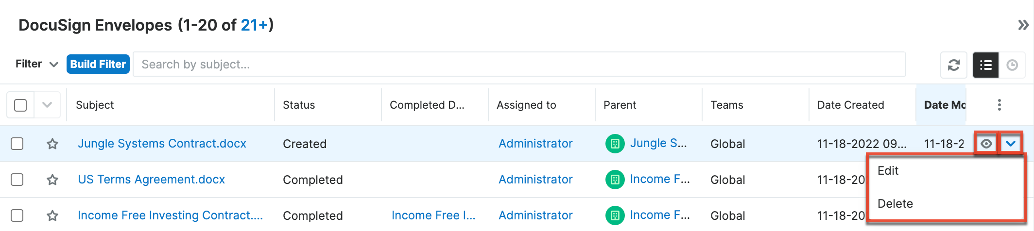 DocuSign list view record actions menu