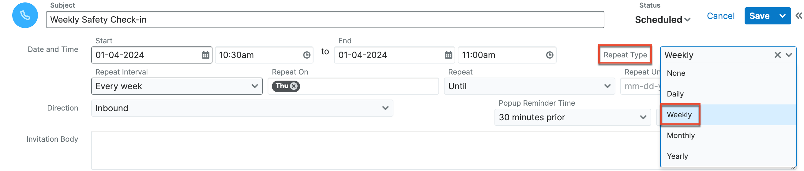 Set call to repeat weekly.png