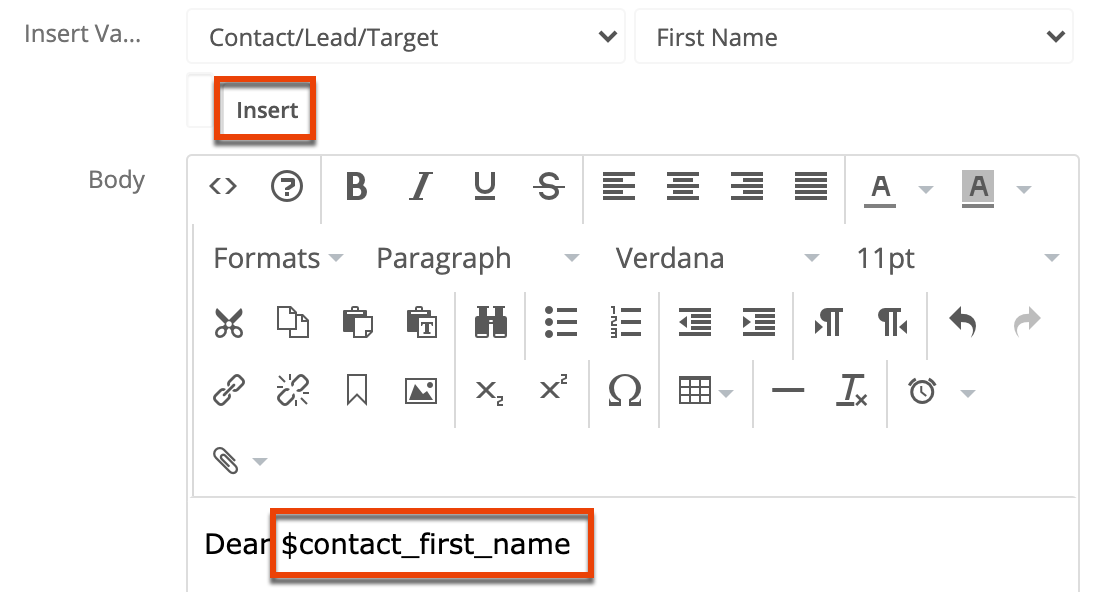 email template insertvar