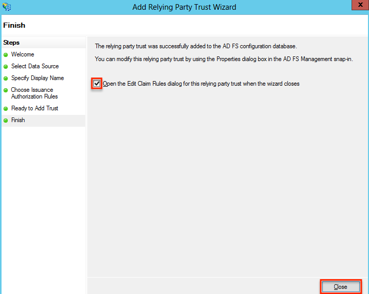 ADFS AddRelyingPartyTrust Finish